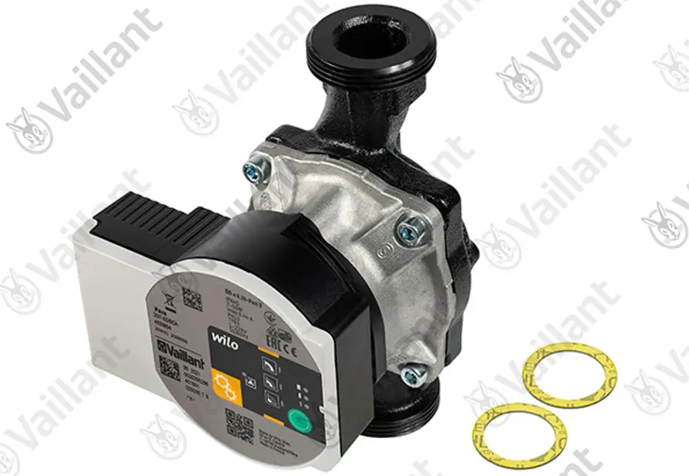 Vaillant Pumpe mit einem elektrischen Antrieb, montiert auf einem schwarzen Gehäuse, begleitet von zwei Dichtungen im Vordergrund.